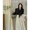 Vestido de duas peças insozkdg outono saia ternos estilo francês elegante blusa mini blazer jaqueta midi 3 conjunto feminino senhora do escritório roupas