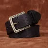 Bälten 3,8 cm äkta läderbälte för män högkvalitativ kopparspänne jeans cowskin cowboy diamant carving midjeband hane