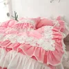 Bedding Sets Lace Flowers Embroidery Set Cotton Pink Princess Duvet Cover Bedspread Bed Skirt Pillowcases Solid Color Home Textile