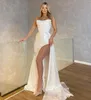 Elegant White Evening Dresses Pearls Strapless Formal Long Party Prom Dress Pleats Thigh Slit Dresses for special occasion YD