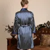 Men's Sleepwear Blue Striped Men Summer Shower Robe Silk Dress Male Homewear Long Sleeve Kimono Bathrobe Thin Nightwear Oversize 5XL