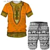 Herrspårsugnar Nyaste herr Tracksuit African Print Womens Mens T-shirts Set Africa Dashiki Vintage Tops Sport and Leisure Summer Male Suit Y240321