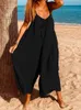VONDA Women Summer Sleeveless Jumpsuits Sexy Solid V Neck Long Overalls Loose Playsuits Wide Leg Pants Oversized 240315