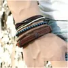 Charme pulseiras corda couro artesanal trançado mtilayer contas de madeira retro conjunto para homens punk ajustável pulseira festa jóias drop delive dhkph