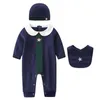 New Spring and Autumn 2023 Fashion Baby Mens Cotton Long Sleeve Splicing Work Newborn jumpsuit and bib set 240315