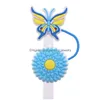 Drinking Sts Butterfly Flower Sile St Toppers Accessories Er Charms Reusable Splash Proof Dust Plug Decorative 8Mm/10Mm Drop Delivery Otiqw