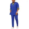 Heren Trainingspakken Nigeriaanse Mode Broek Sets Koningsblauw Patchwork Shirts Effen Broek V-hals Tops Mannelijke Afrikaanse Bruidegom Pakken