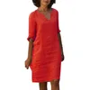 Casual Dresses Women's V Neck Mini Dress Cotton And Linen Short Sleeve Holiday Solid Color Maternity Midi For Women Robe