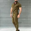 Herrespår enkelt arbete Slim fit Summer Men Street Wear Jumpsuit Single Breasted Solid Costum