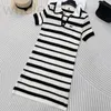 Basic & Casual Dresses designer 2024 early spring new Nanyou Miu Academy style sweet and age reducing hollow out contrasting striped lapel short sleeved dress TNB9