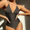 Womens Swimwear Bathing Suit Women Solid V-neck Pleated Triangle Cup Fashionable Beach Swimsuit Slim Fitting One-Piece 2024 YLP4