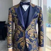 Erkekler Erkekler için Çiçekler Düğün İnce Fit lacivert ve Gold Jacquard Beyefendi Smokin Ceketli Yelek Pantolonlu 3 PCS Stokta