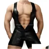 Catsuit trajes falso couro apertado corpo roupa interior homens shapers sexy singlet bodysuit wrestling collant masculino casual unitard busto aberto dhfcd