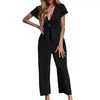 Damesbroeken Dames jumpsuit Stijlvolle zomer jumpsuits V-hals Lace-up romper Hoge taille Wijde pijpen Streetwear rompertjes met korte mouwen