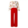 Kvinnor Fashion Strapped Floral Print Lapel Long-Sleeved Shirt Blus Wide-Bent Pants Streetwear Office Lady Work Tracksuits Casual Two Piece Pants 2st Outfits 3xl