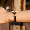 Fashion Gold Stainless Steel Anchor Airplane Bracelets With Vintage Genuine Leather Bracelet Men Women Homme Jewelry Charm218F