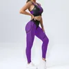 Aktive Sets Frauen Anzug Für Fitness Mesh Gym Frauen Outfits Transparent Sport Leggings Set 2024 Zwei Stück Workout Kleidung Lila