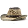 Basker västerländska män kvinnors sommarklassiker cowboy stråhatt raffia ihålig med punk rep kvinnor bred curling gräl mössa