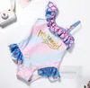 Girls mermaid one-piece swimsuit kids gold letter printed falbala suspender Beach pool bathing suits child SPA swimming Z7183