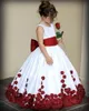 Blumenmädchenkleider mit roter und weißer Schleife, Knoten, Rosentaft, Ballkleid, Juwelenausschnitt, Party-Festzug-Kleider für kleine Mädchen, Herbst, Neu3747322