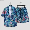 Herrspårar Mens Fashion Print Set Short Sleeved Shirt+Shorts 2st Set Loose 2024 Summer Leisure Beach Suit Mens Vacation Hawaii Set Q240314