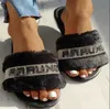 Sandals 2023 new cross letter rhinestone plush womens slippers with flat bottoms and straight line plush slippers J240315