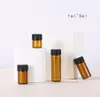 Whole 1000pcs Lot 1ml 2ml 3ml 5ml Essential Oil Amber Glass Sample Bottle Vial With Black Screw Cap And Plug For E LIQUID6482144