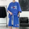 Mężczyzny Hip Hop Waffle z krótkim rękawem Zestaw Męki 2024 Summer graniczny High Street Love Shorts Unisex Sports Suits Q240314