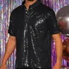 Chemises décontractées pour hommes Hommes Sparkle Paillettes Chemise Vintage Summer Streetwear Party 1/4 Bouton Manches courtes Tops Brillant Vacances Tee Glitter