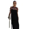 Casual Dresses Women Sundress Hollow Out Sleeveless Off Shoulder Halter Neck Lady Dress Pleated Flätad rem Löst semester strand maxi