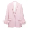 Newest 2024 Designer Jacket Women's Natural Feathers Embellished Single Button Blazer feather trim straight cylinder leisure suit jacket