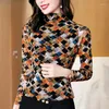 Blouses Femmes 2024 Printemps Automne Femmes Manches Longues Chemise Imprimée Femme Col Bas Demi Col Haut Haut Dames Slim Casual G487