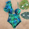 Sexy um ombro plissado maiô impressão floral banho feminino maiô beachwear monokini 2202261682092