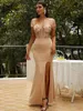 Lässige Kleider Missord Braun Durchsichtiges Partykleid Elegantes Damen-Mesh-Flügelärmel-Oberschenkel-Split, figurbetontes Abend- und Abschlussballkleid, rückenfreies langes Kleid