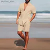 Men's Tracksuits New Mens Hawaiian Set Summer Solid Color Stand Collar Short Sleeve Shirt Beach Shorts Streetwear High Quality 2-Piece Set 2023 Q240314