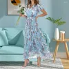 Vestidos de festa com decote em v plissado manga curta maxi vestido cintura apertada cintura alta flowy hem doce floral impressão chiffon roupas femininas