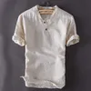 Linen t-shirt mens short sleeve suit solid color large cotton linen casual shirt