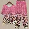 Women's Two Piece Pants Breathable Summer Suit Leopard Print Spring Top Set With Retro Button Decor Elastic Waist Wide Leg Soft For A