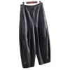 Kadın pantolonları ligiguieue Street Wear Siyah Pu Deri Kadın Pocket Elastik Bel Lantern Vintage Sonbahar Kış ayak bileği uzunluğu pantolonları E343