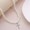 Choker Romantic Pearl Beads Necklaces For Cross Rhinestone Pendant Chokers Clavicle