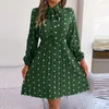 Robes décontractées 2024 Été Robe plissée Printemps Manches longues Élégant Polka Dot Party Une ligne Robe d'été à lacets Vacances Plage Robe