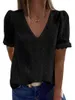 여자 T 셔츠 여성 여름 튜닉 탑 캐주얼 평범한 짧은 슬리브 V 목 스위스 셔츠 느슨한 쉬폰 블라우스