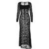 Casual Dresses Women Slim Fitted Lace Dress Long Sleeve Square Neck See-though Floral Party Sexy Bodycon Night Evening Vestido