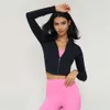 Lu Align Lemon Color Short Top Solid Sport Women Long Hidees Full Zip Fiess Yoga Coat Tight Running Gym Jacket With Thumb Jack Jog