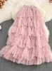 スカートTutu Tulle Long Womens 2024 Spring Korean Solid a Line High Waist Mesh Tiered Maxi Skirt女性ファルダス美学