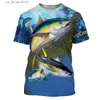 Homens camisetas Verão 3D Peixe Imprimir Camiseta para Homens Ao Ar Livre Ir Pesca Roupas Casual O-pescoço Pulôver Harajuku Tops Oversized Curto Slve Ts Y240315