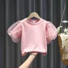 Mode Sommer Baby Mädchen Baumwolle T-Shirt Puff Sleeve Kleinkind Mädchen Pincess Spitze Shirt Kurzarm Rundhals T-shirt Solide bluse 240313