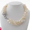 Chains Natural 7 Strands Freshwater White Pearl 5-11MM Necklace Cz Pave Leopard Head Clasp 18inches