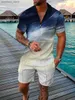 Men's Tracksuits Mens Tracksuit 3D printed polo shirt 2-piece set with zippered lapel necklace and shorts Hawaiian holiday style casual mens clothing Q240314