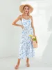 Abiti casual Donna Stampa floreale Corsetto pieghettato Abito midi Estate senza maniche Vestito estivo Flowy A-Line Beach